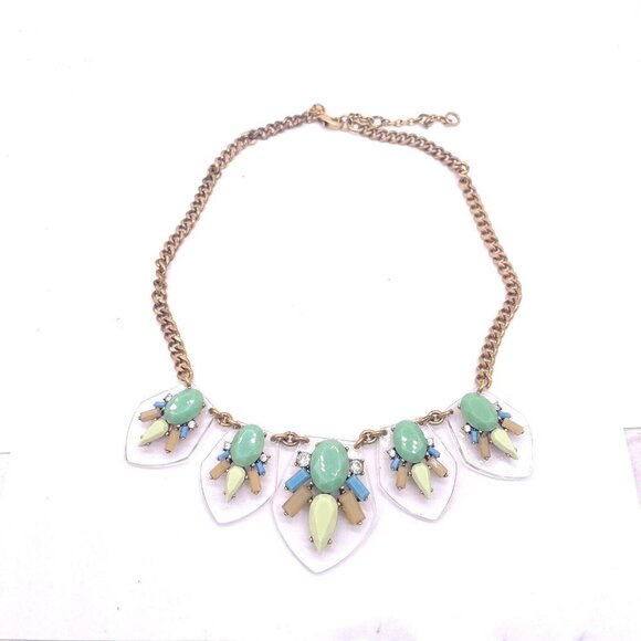 J. Crew Off-White and Green Lucite Statement Bib Necklace Gold Tone 18 to 21 - Picture 1 of 5